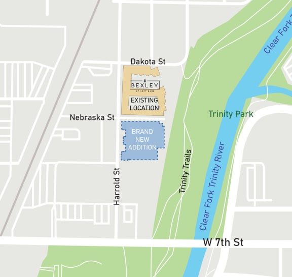 a map of the bexley area with a road and a river and buildings