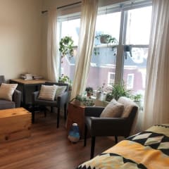 a living room with a couch and chairs and a window
