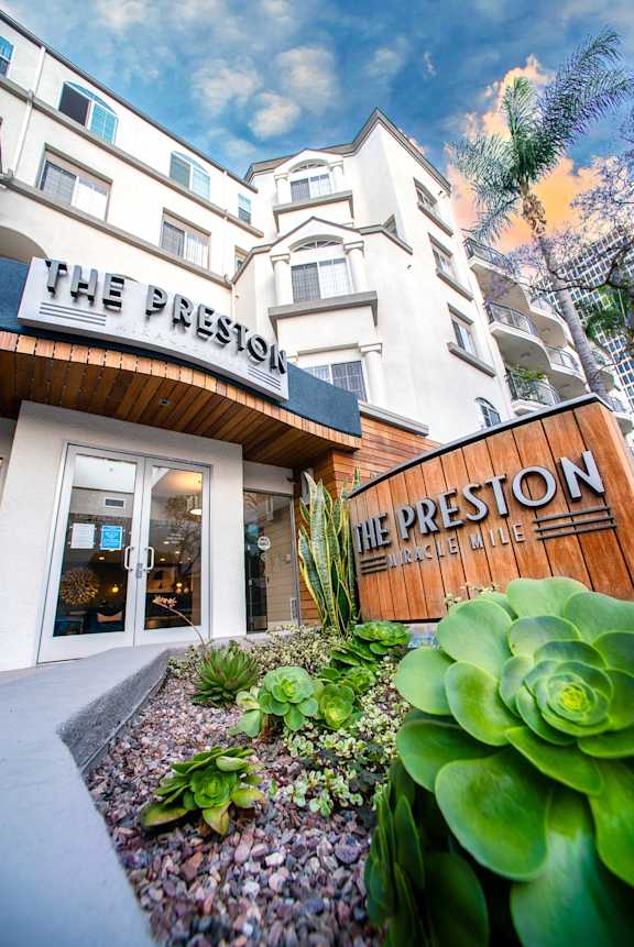 Building entrance at The Preston Miracle Mile Apartments, Los Angeles, California