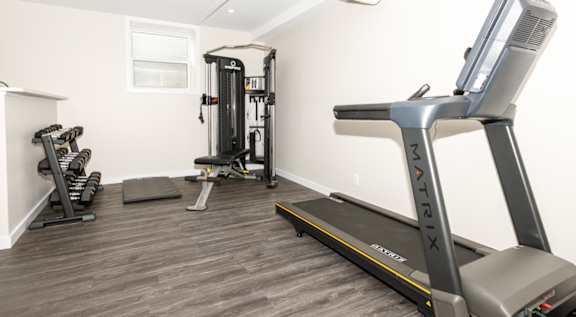 A gym with a treadmill, a weight machine, and a bench press.