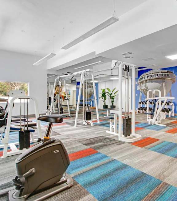 A gym with a blue and orange carpet and a treadmill.