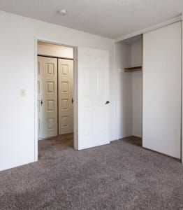 a room with a carpeted floor and a door to a closet