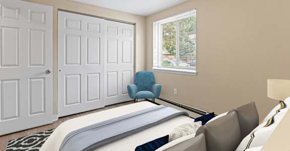 Bedroom with 2 doors at Kingsbrook Arms, Englewood, Co