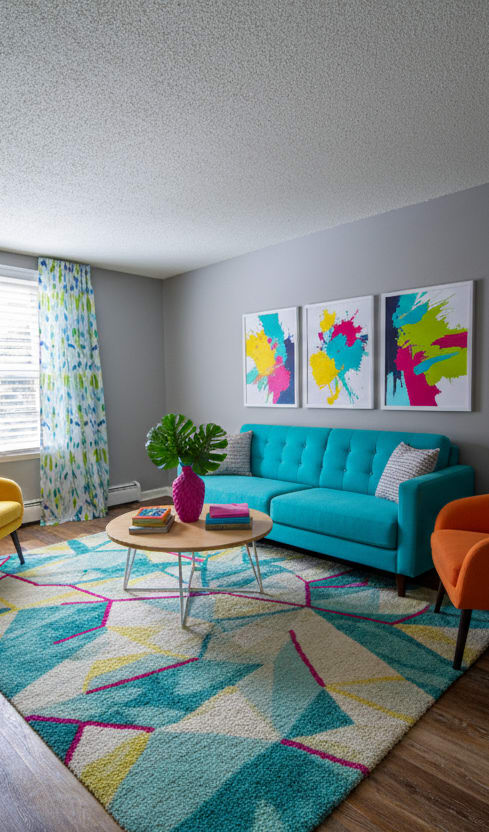 A living room with a grey couch, a white coffee table, and a television.