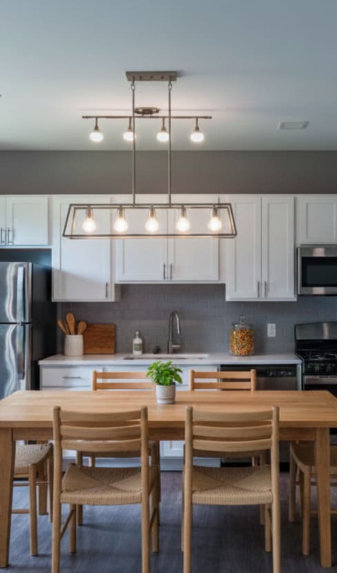 A kitchen with a white counter and black stools.