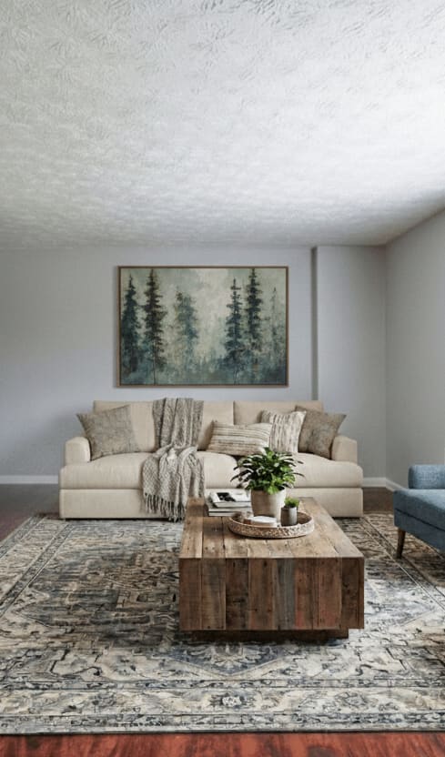A living room with a grey couch, a white coffee table, and a television.