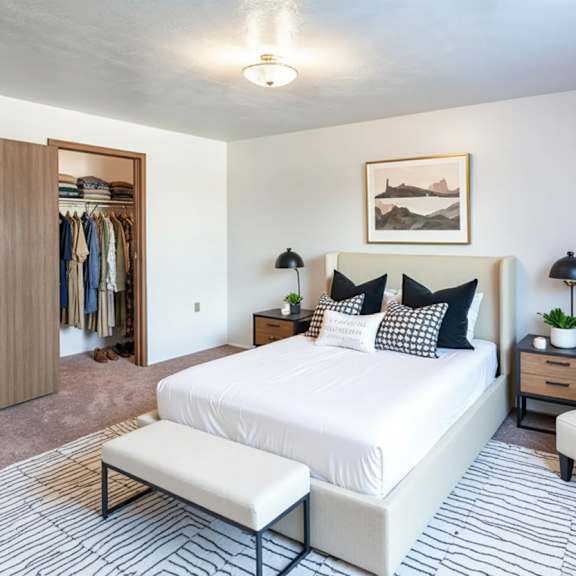 A bedroom with a large bed, a chair, and a wardrobe.