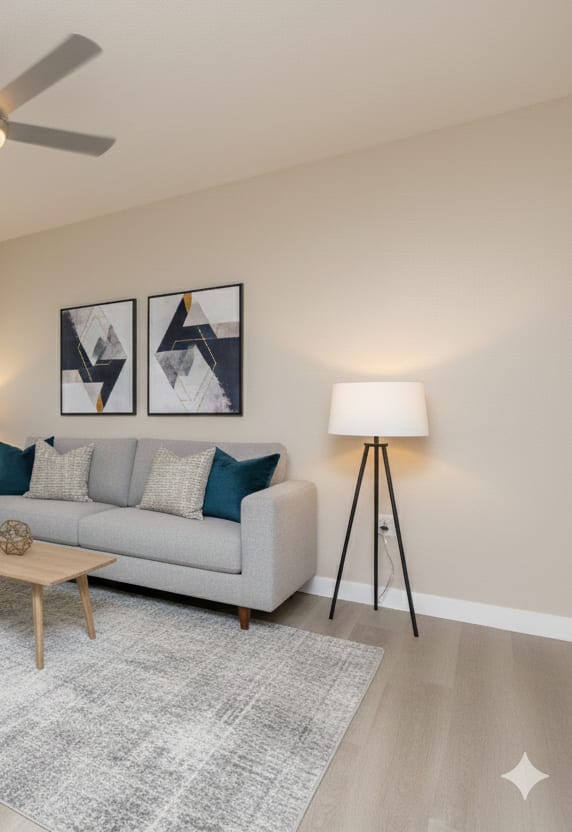 A living room with a blue chair, a grey couch, and a rug.