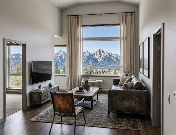 A living room with a mountain view through the window.