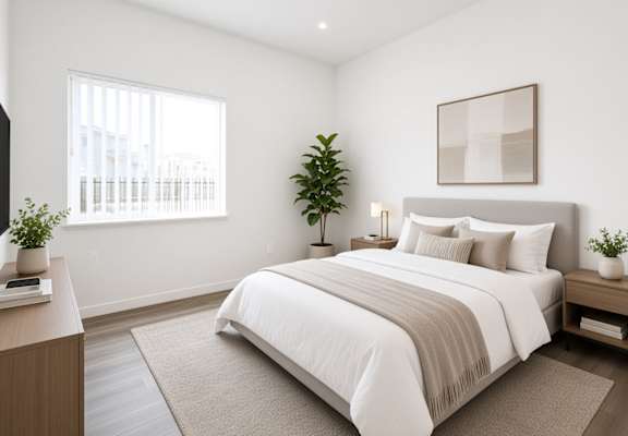 A bedroom with a large bed and a potted plant on the nightstand.