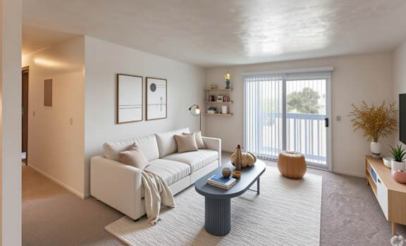 A living room with a white couch and a coffee table.