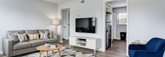 A living room with a blue couch, a grey couch, a coffee table, and a television.