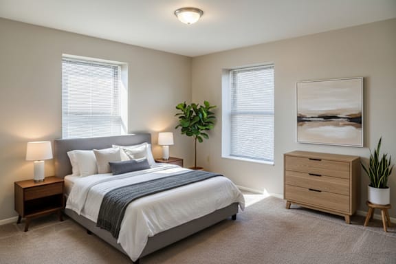 A bedroom with a large bed, two lamps, and a painting on the wall.
