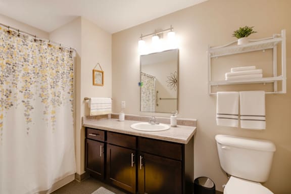 A bathroom with a white toilet, a sink, a mirror, and a shower curtain.