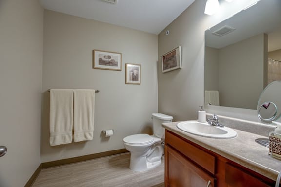 A bathroom with a toilet, sink, mirror, and towel rack.