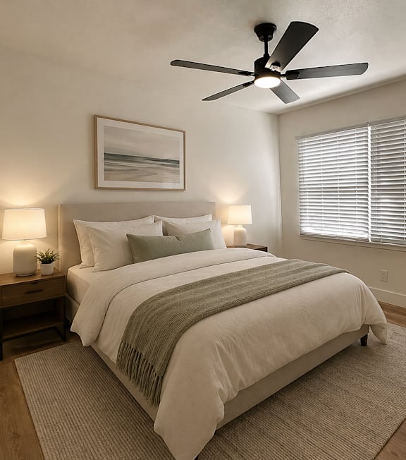 A well-lit bedroom with a large bed and a painting on the wall.