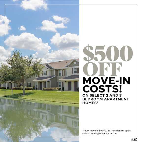 A promotional image for a $500 off move-in costs offer on select 2 bedroom apartment homes.