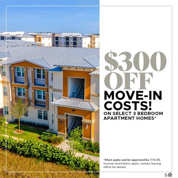 A large apartment complex with a promotion for $300 off move-in costs on select 3 bedroom apartment homes.