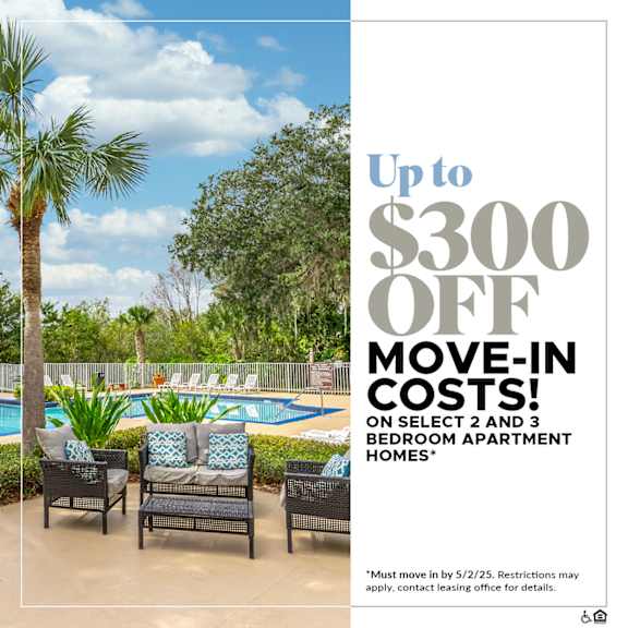 A poolside image advertising $300 off move-in costs for select apartment homes.
