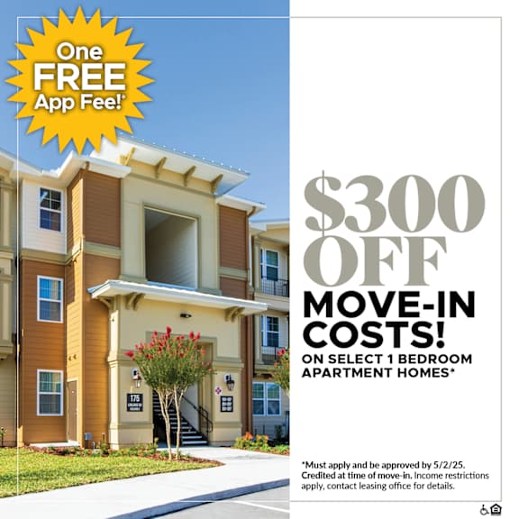A building with a sign offering $300 off move-in costs for select apartment homes.