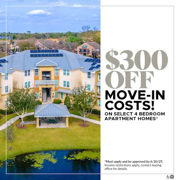 A large house with a blue roof and a sign offering $300 off move-in costs for select 4 bedroom apartment homes.