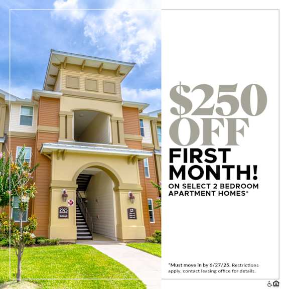 A promotional image for a $250 off first month offer on select 2 bedroom apartment homes.