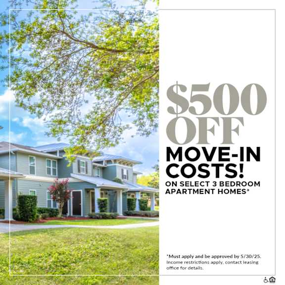 A promotional image for a $500 off move-in costs offer for select 3 bedroom apartment homes.