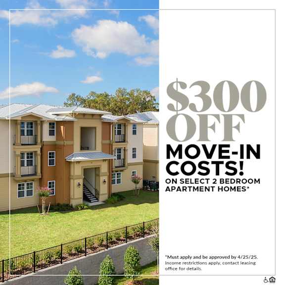 A promotional image for a $300 off move-in costs deal on select 2 bedroom apartment homes.