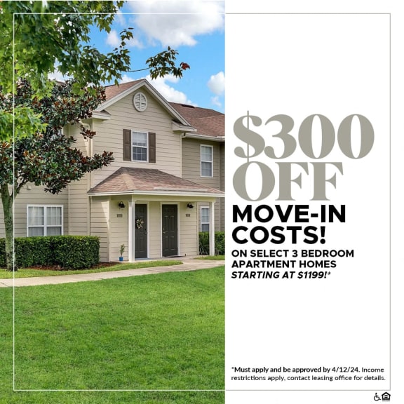 300 off move in costs on select 3 bedroom apartment homes starting at 300