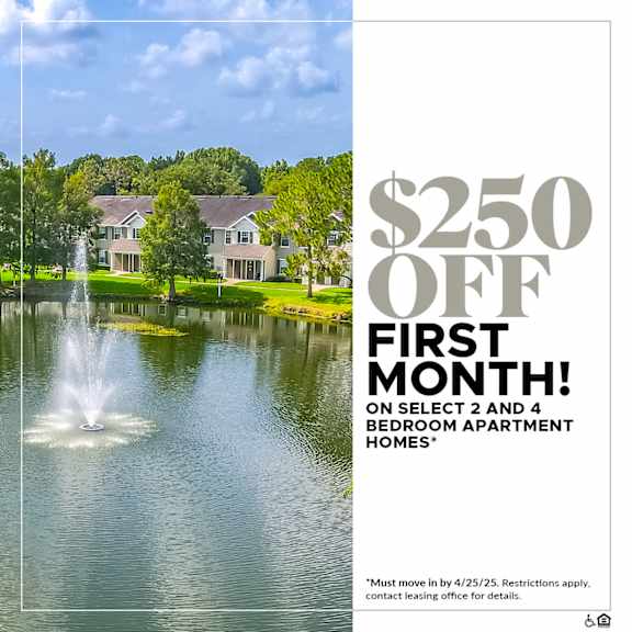 A promotional image for a $250 off first month on select 2 and 4 bedroom apartment homes.