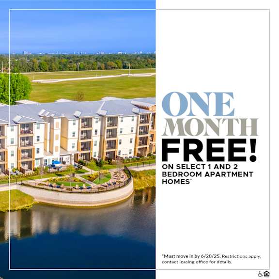 An apartment complex is advertising one month free on select 1 and 2 bedroom apartments.