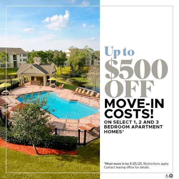 A promotional image offering up to $500 off move-in costs for select apartment homes.