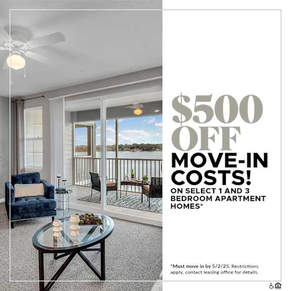 A pool in front of a building with a $300 off move-in costs offer.