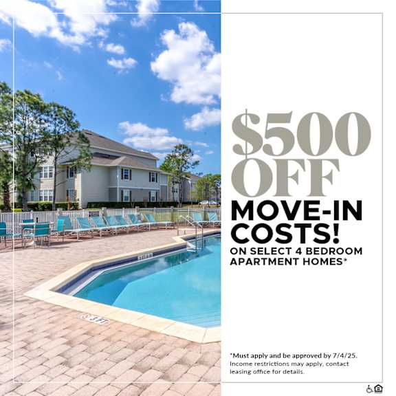 A pool with a sign that says $500 off move-in costs on select 4 bedroom apartment homes.
