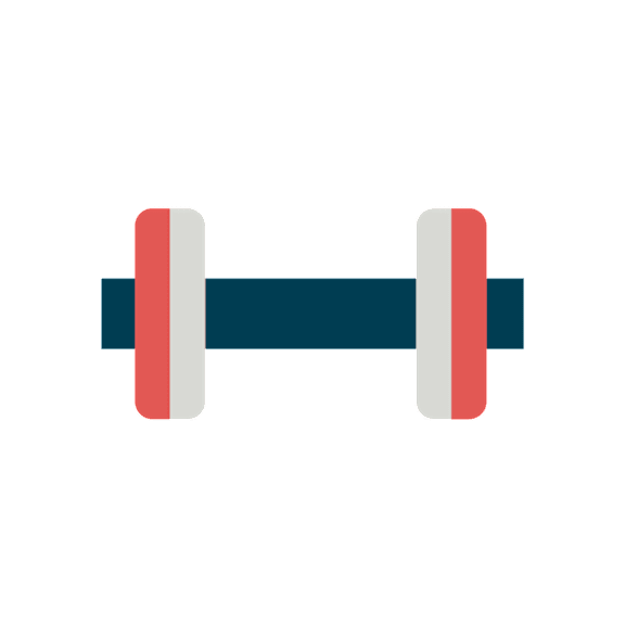 A graphic of a dumbbell with a blue bar and red and white weights.