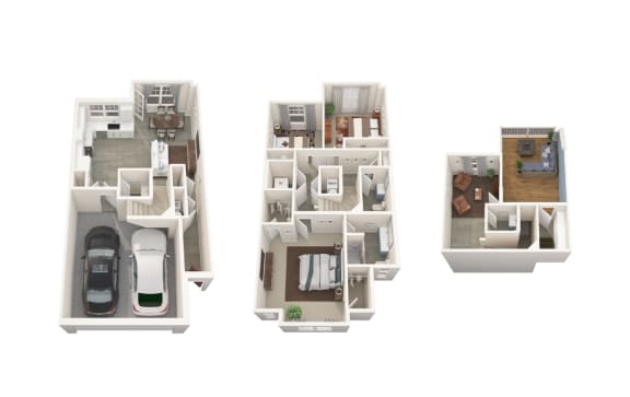 3d floor plan of a residence with cars and a garage