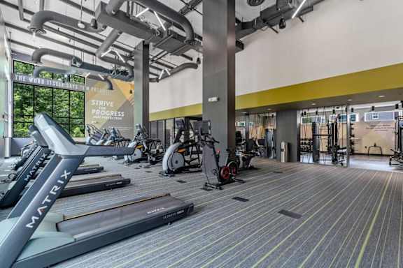 A gym with treadmills and exercise bikes.