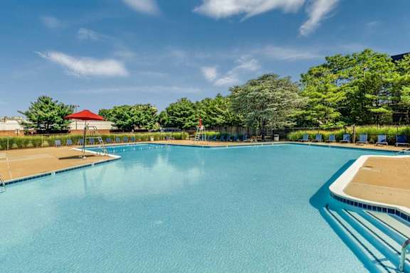 a large swimming pool with trees in the background