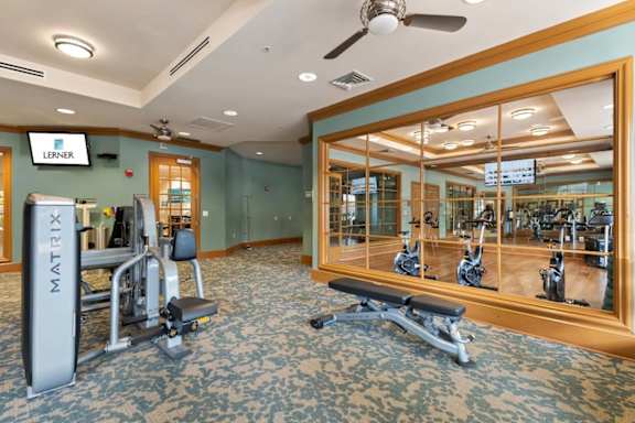A gym with a mirror, a fan, and a weight machine.