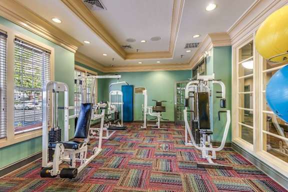 A gym with a variety of equipment including a leg press machine, a chest press machine, and a leg curl machine.
