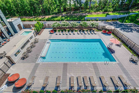 A large outdoor swimming pool surrounded by lounge chairs and trees.