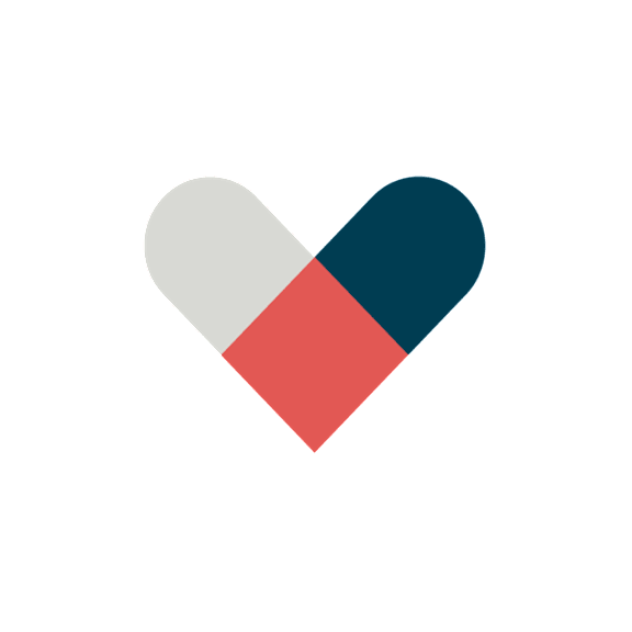A heart-shaped pill with a white, red, and blue section.