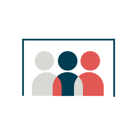 Three human figures are depicted in white, blue, and red.