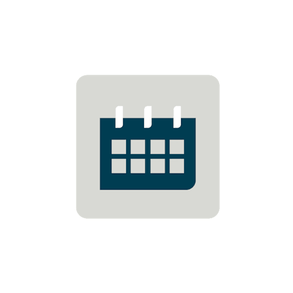 A calendar icon with a dark blue background and white squares.