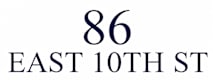 A blue and white sign with the numbers 86 and East 10th St.