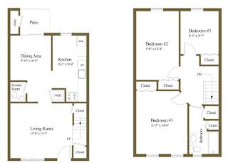 3 bedroom 1.5 bathroom floor plan at Liberty Gardens Apartments, Maryland, 21244