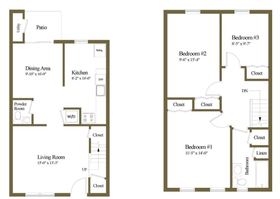 3 bedroom 1.5 bathroom floor plan at Liberty Gardens Townhomes