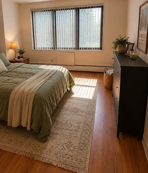 A bedroom with a bed, nightstand, and window with blinds.