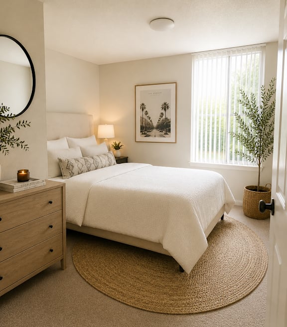 A bedroom with a bed, nightstand, and a plant.