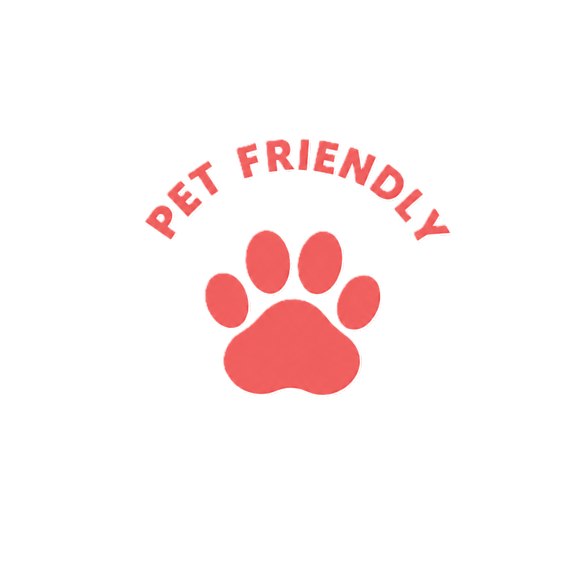 A pink paw print with the words "PET FRIENDLY" above it.